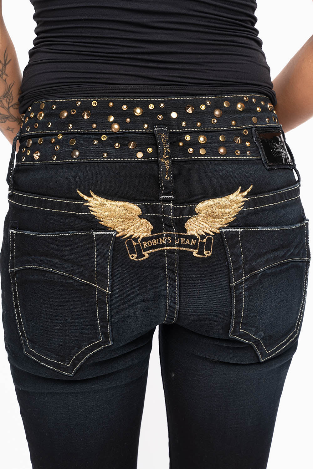 ROBIN'S DOUBLE WAIST SKINNY JEAN IN EBONY BROKEN BLACK WASH WITH CRYSTALS, SPIKES & NAILHEADS