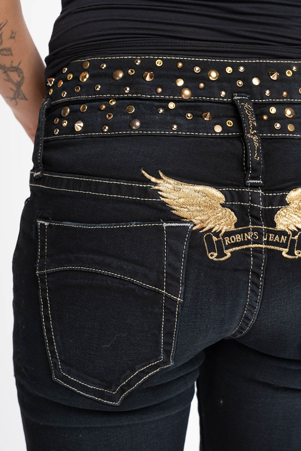 ROBIN'S DOUBLE WAIST SKINNY JEAN IN EBONY BROKEN BLACK WASH WITH CRYSTALS, SPIKES & NAILHEADS