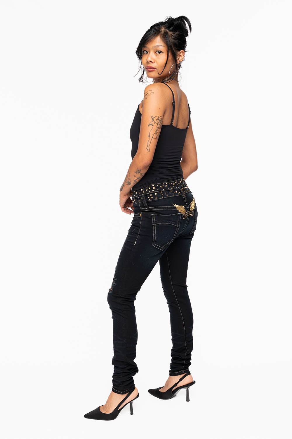 ROBIN'S DOUBLE WAIST SKINNY JEAN IN EBONY BROKEN BLACK WASH WITH CRYSTALS, SPIKES & NAILHEADS