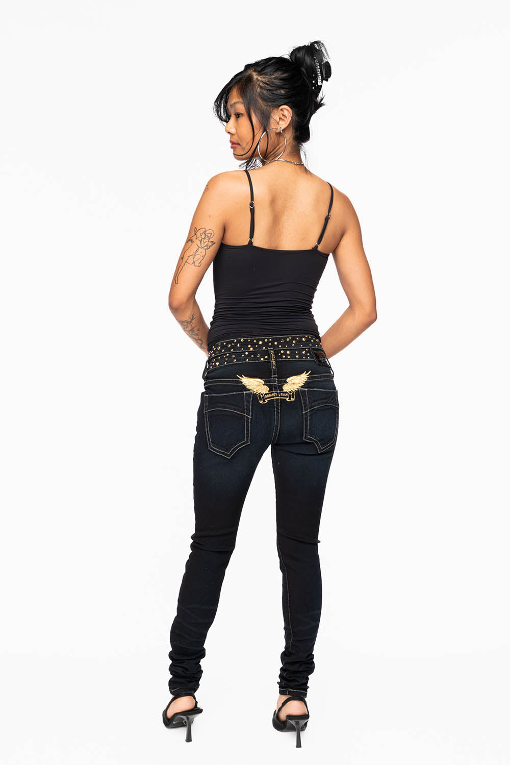 ROBIN'S DOUBLE WAIST SKINNY JEAN IN EBONY BROKEN BLACK WASH WITH CRYSTALS, SPIKES & NAILHEADS