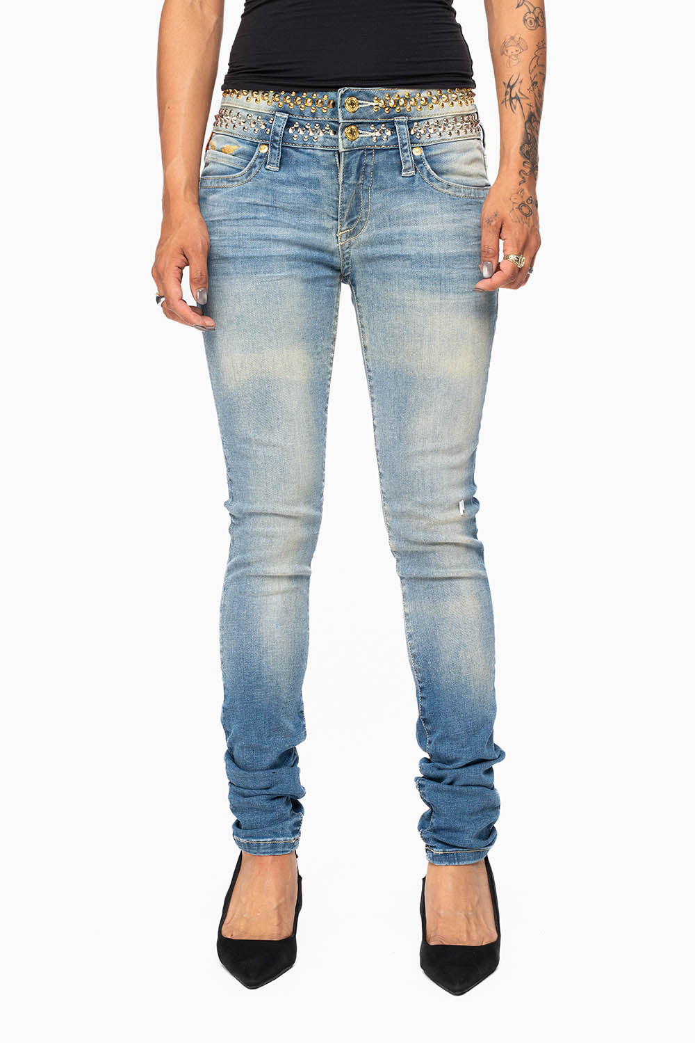 ROBIN'S DOUBLE WAIST SKINNY JEAN IN ELROY MEDIUM WASH WITH  SPIKES & NAILHEADS