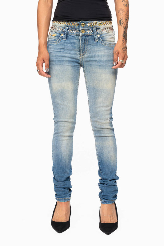 ROBIN'S DOUBLE WAIST SKINNY JEAN IN ELROY MEDIUM WASH WITH  SPIKES & NAILHEADS