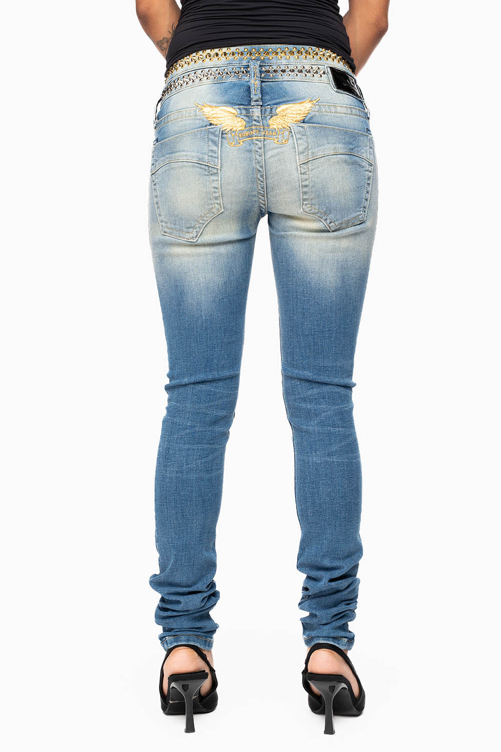 ROBIN'S DOUBLE WAIST SKINNY JEAN IN ELROY MEDIUM WASH WITH  SPIKES & NAILHEADS
