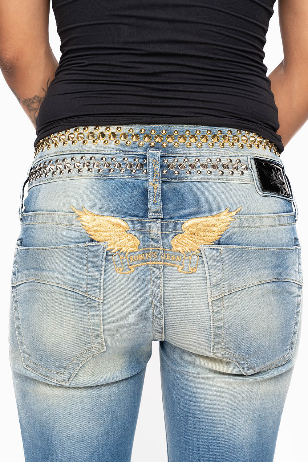 ROBIN'S DOUBLE WAIST SKINNY JEAN IN ELROY MEDIUM WASH WITH  SPIKES & NAILHEADS