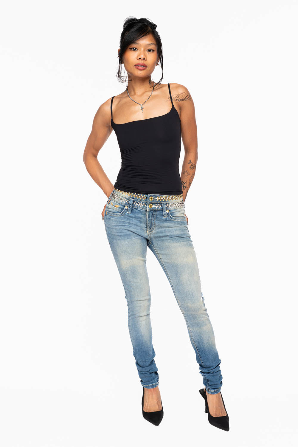 ROBIN'S DOUBLE WAIST SKINNY JEAN IN ELROY MEDIUM WASH WITH  SPIKES & NAILHEADS