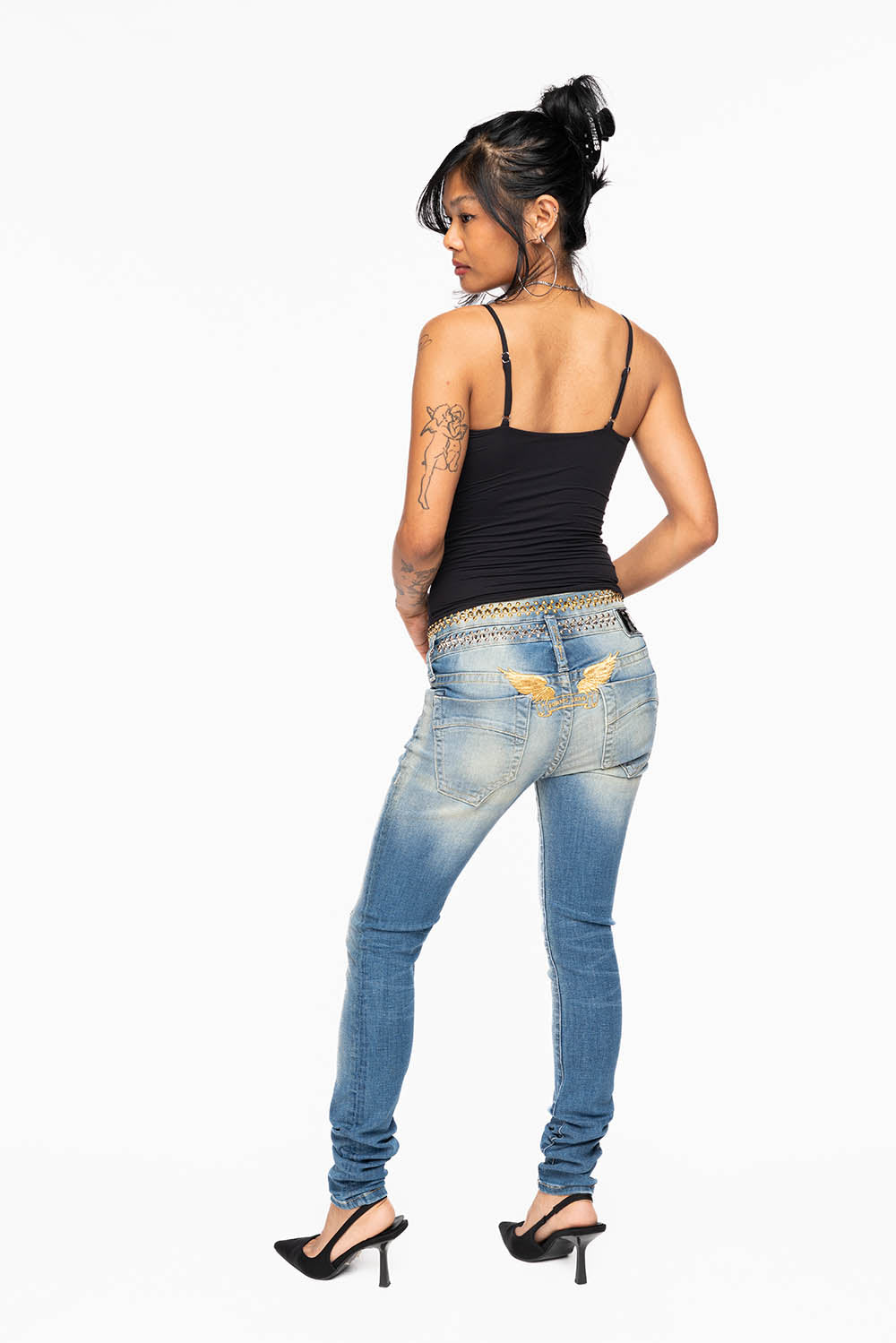 ROBIN'S DOUBLE WAIST SKINNY JEAN IN ELROY MEDIUM WASH WITH  SPIKES & NAILHEADS