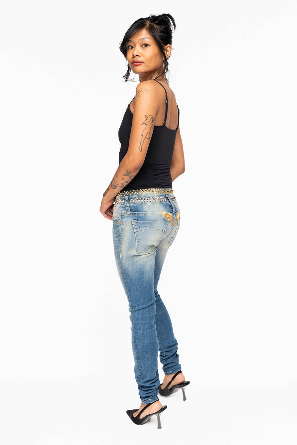 ROBIN'S DOUBLE WAIST SKINNY JEAN IN ELROY MEDIUM WASH WITH  SPIKES & NAILHEADS