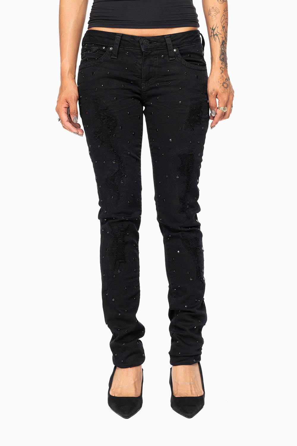 MARILYN WOMENS SKINNY JEANS IN REPAIRED PURE BLACK  WITH TONAL WINGS EMBELLISHED WITH CRYSTALS & STUDS