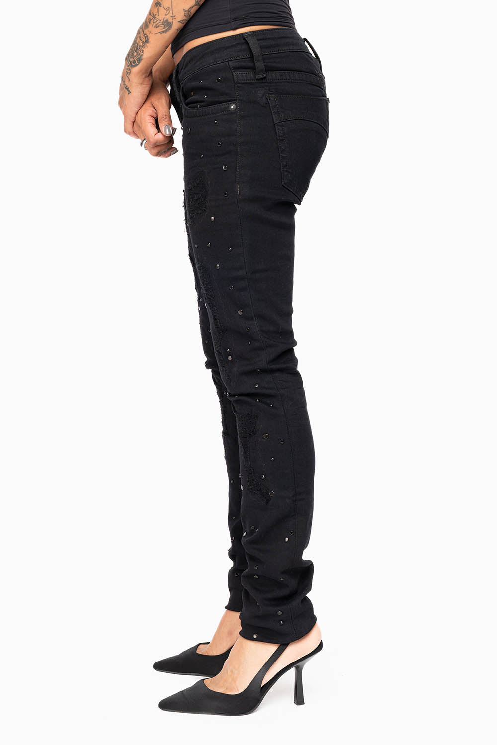 MARILYN WOMENS SKINNY JEANS IN REPAIRED PURE BLACK  WITH TONAL WINGS EMBELLISHED WITH CRYSTALS & STUDS