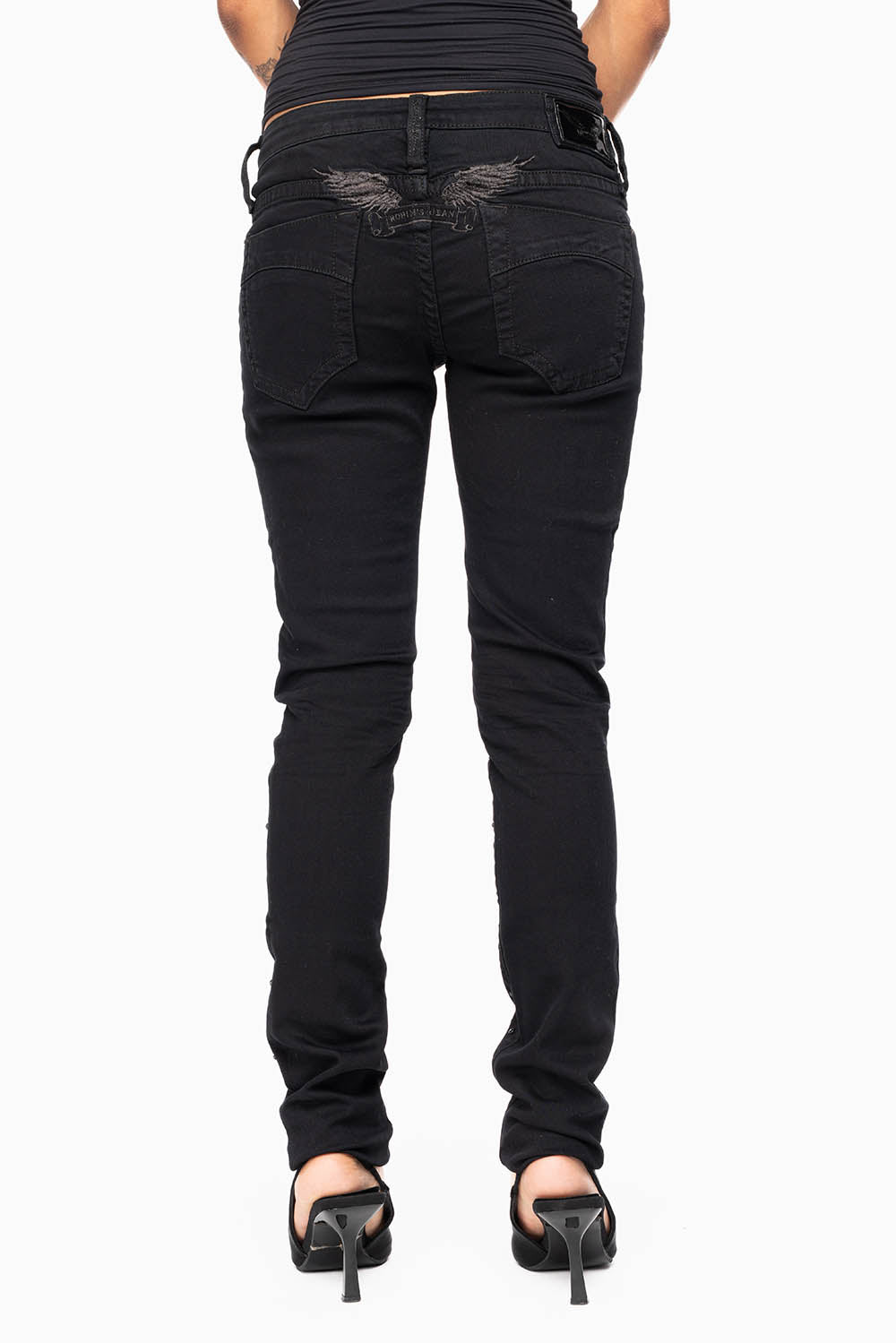 MARILYN WOMENS SKINNY JEANS IN REPAIRED PURE BLACK  WITH TONAL WINGS EMBELLISHED WITH CRYSTALS & STUDS