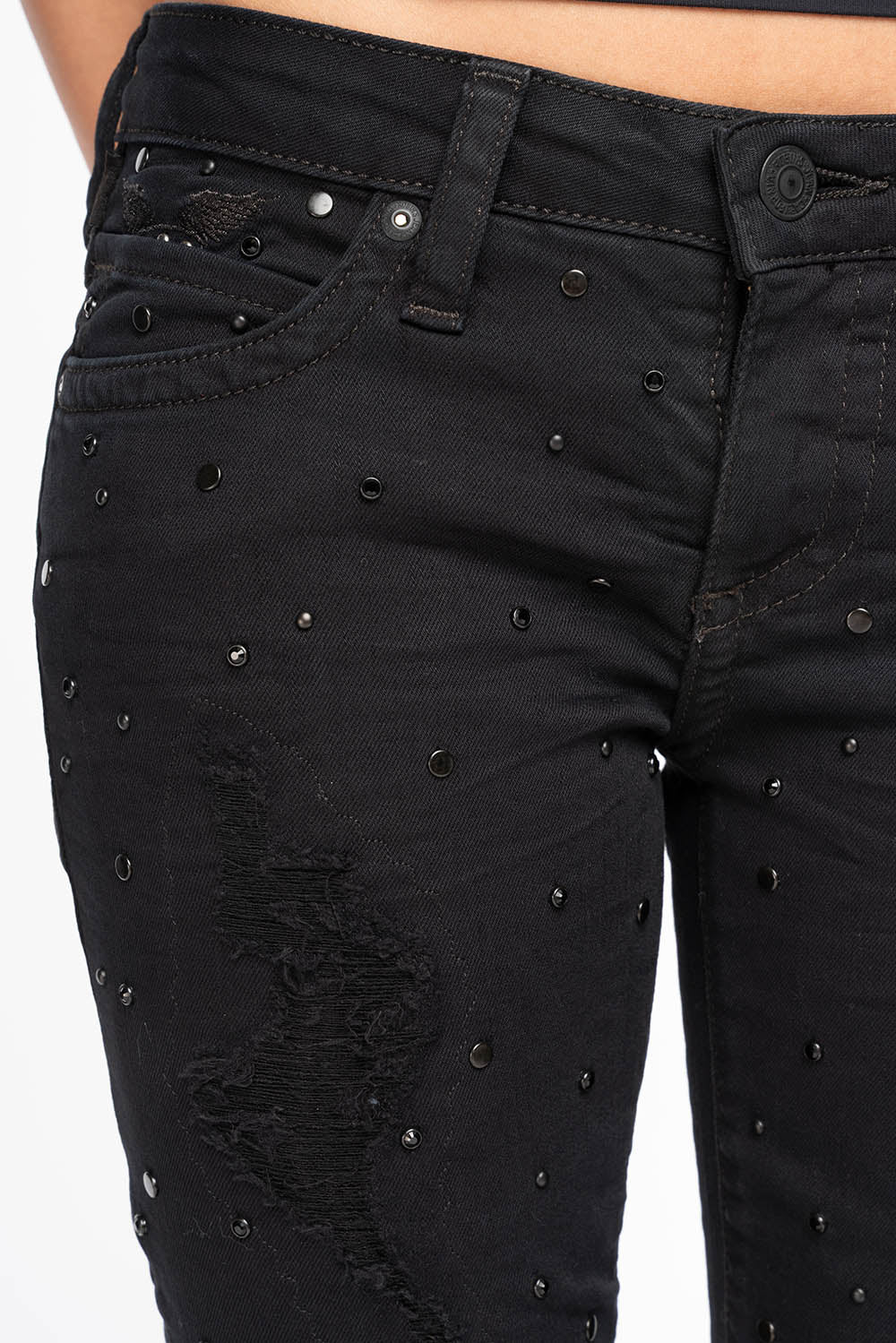 MARILYN WOMENS SKINNY JEANS IN REPAIRED PURE BLACK  WITH TONAL WINGS EMBELLISHED WITH CRYSTALS & STUDS