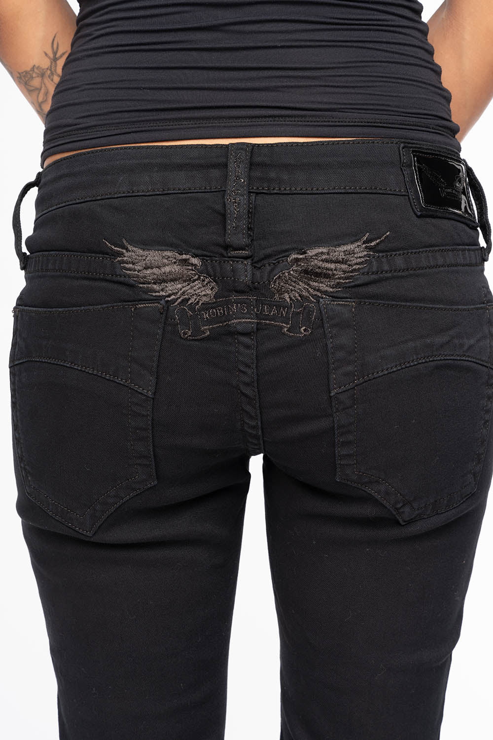 MARILYN WOMENS SKINNY JEANS IN REPAIRED PURE BLACK  WITH TONAL WINGS EMBELLISHED WITH CRYSTALS & STUDS