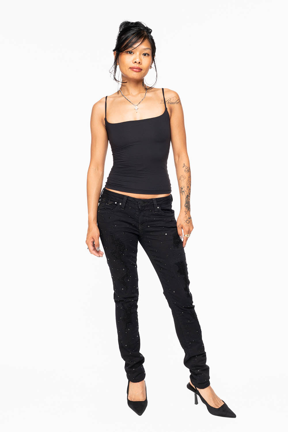 MARILYN WOMENS SKINNY JEANS IN REPAIRED PURE BLACK  WITH TONAL WINGS EMBELLISHED WITH CRYSTALS & STUDS