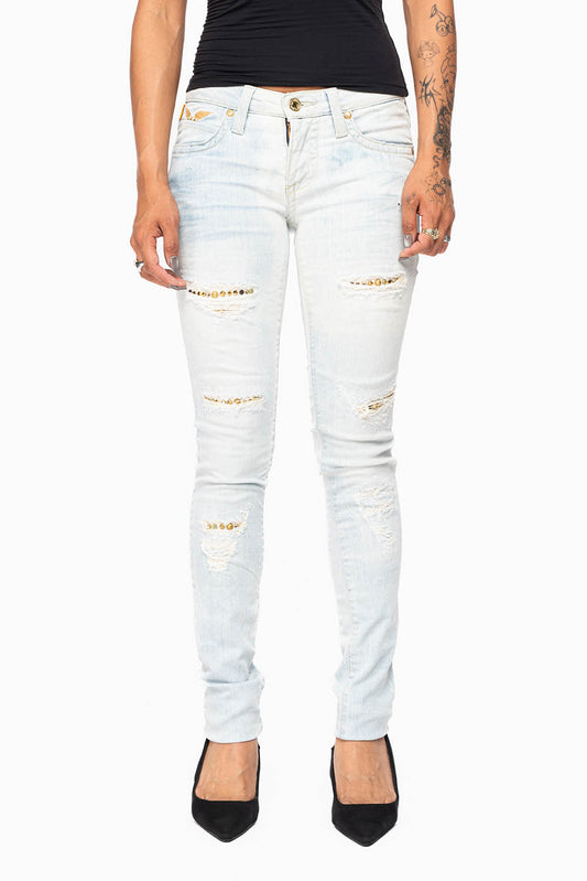 MARILYN WOMENS SKINNY NICOLE LIGHT BROKEN REPAIRED  WASH EMBELLISHED WITH STUDS & CRYSTALS