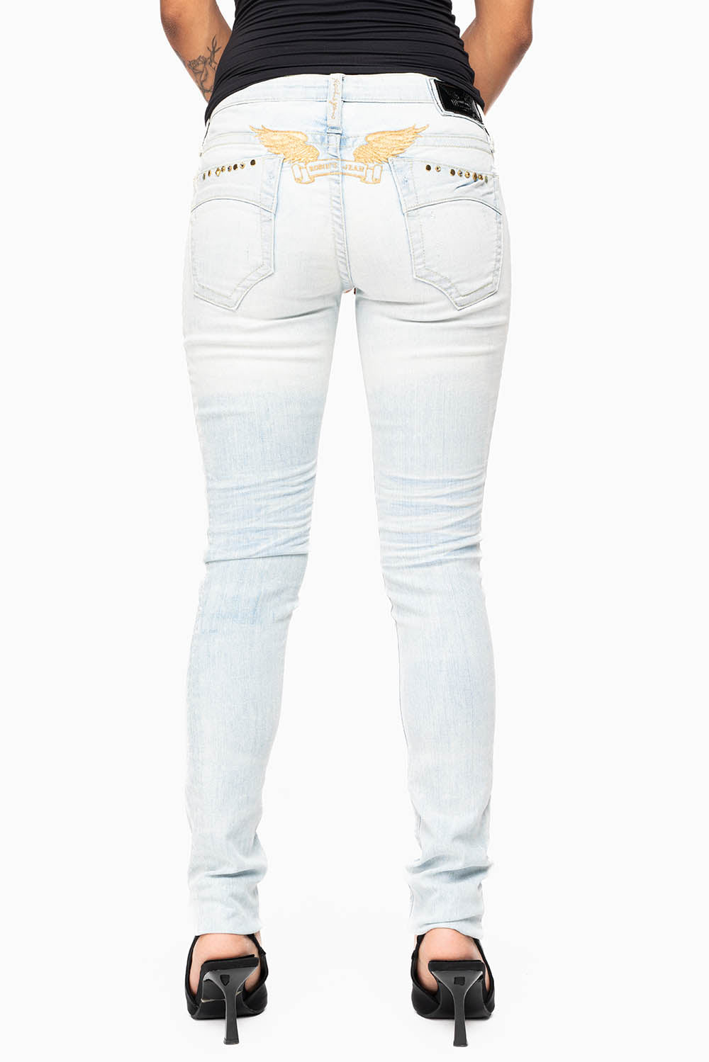 MARILYN WOMENS SKINNY NICOLE LIGHT BROKEN REPAIRED  WASH EMBELLISHED WITH STUDS & CRYSTALS