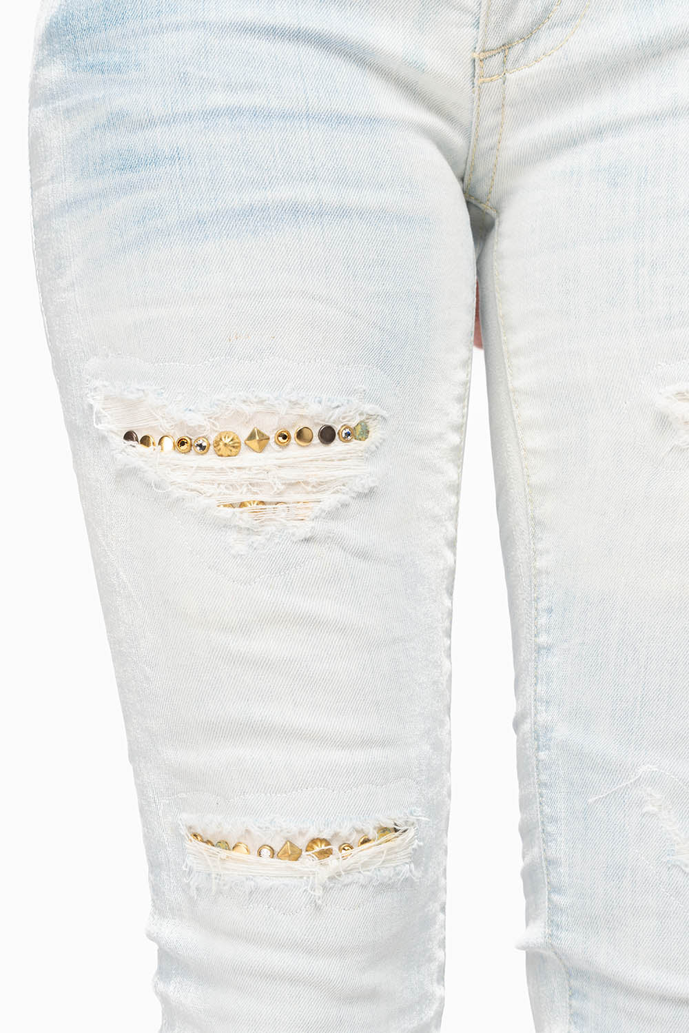 MARILYN WOMENS SKINNY NICOLE LIGHT BROKEN REPAIRED  WASH EMBELLISHED WITH STUDS & CRYSTALS