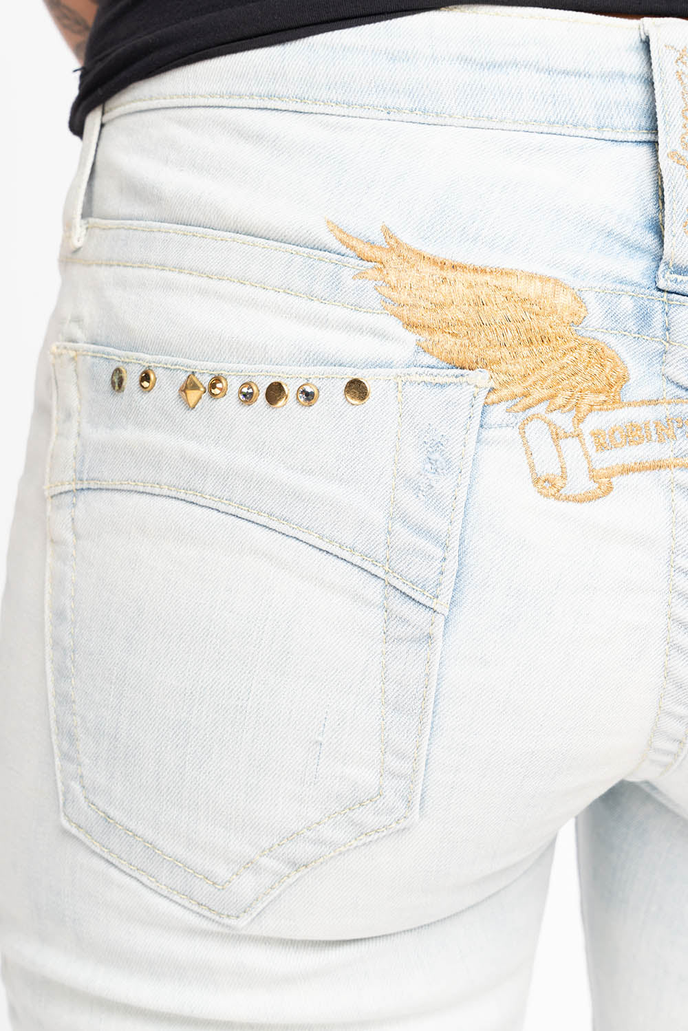 MARILYN WOMENS SKINNY NICOLE LIGHT BROKEN REPAIRED  WASH EMBELLISHED WITH STUDS & CRYSTALS