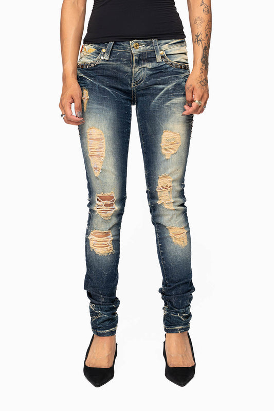 MARILYN WOMENS SKINNY JEAN  IN 5D DARK BROKEN   EMBELLISHED WITH CRYSTALS & STUDS