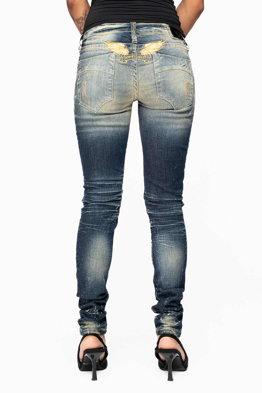 MARILYN WOMENS SKINNY JEAN  IN 5D DARK BROKEN   EMBELLISHED WITH CRYSTALS & STUDS
