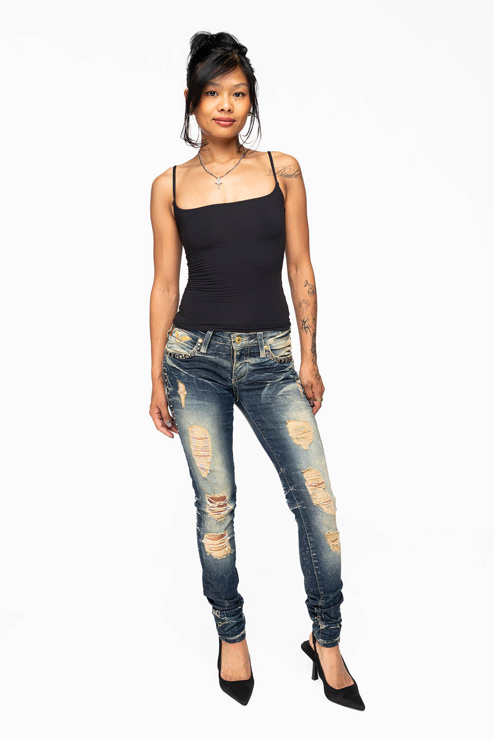 MARILYN WOMENS SKINNY JEAN  IN 5D DARK BROKEN   EMBELLISHED WITH CRYSTALS & STUDS