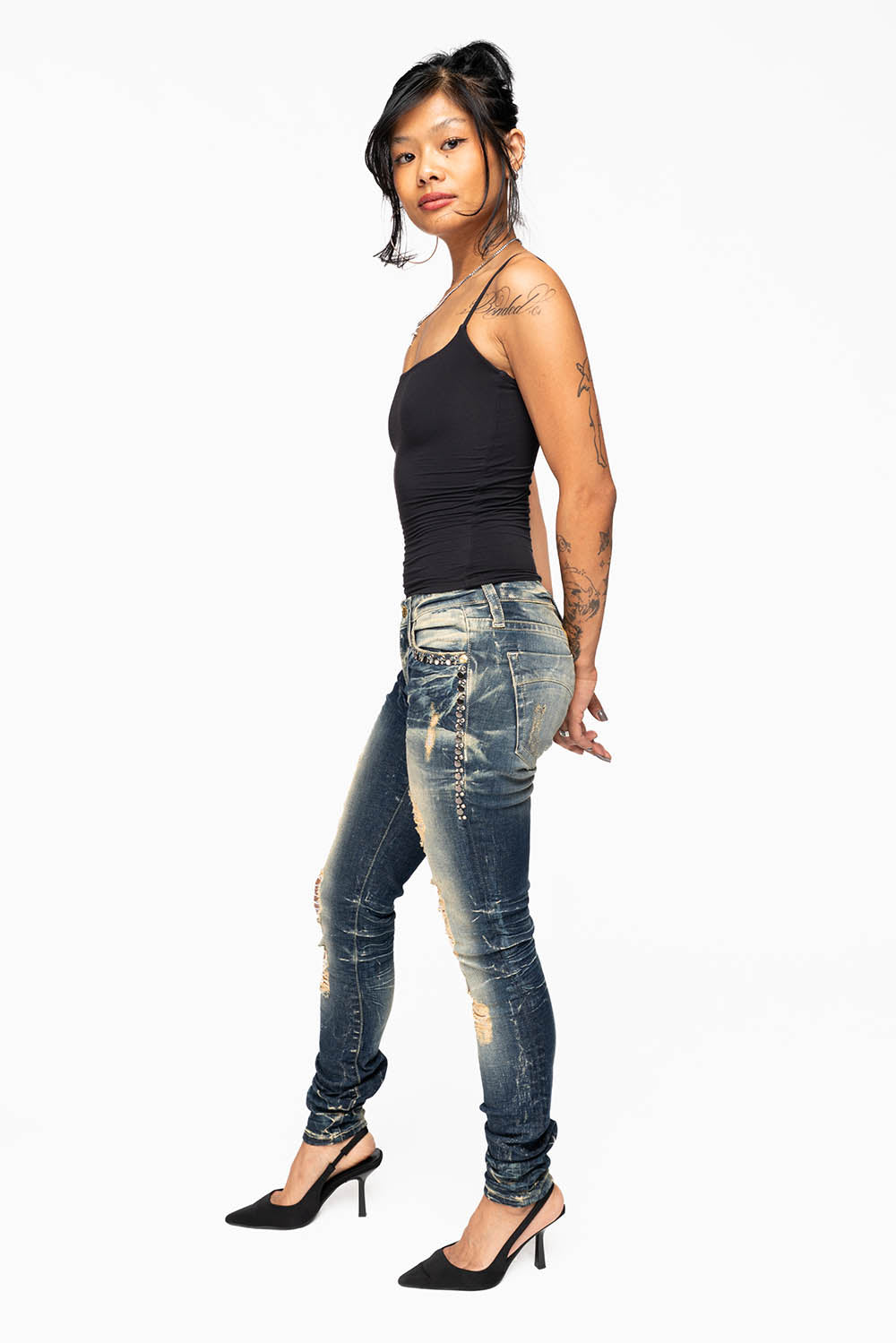 MARILYN WOMENS SKINNY JEAN  IN 5D DARK BROKEN   EMBELLISHED WITH CRYSTALS & STUDS