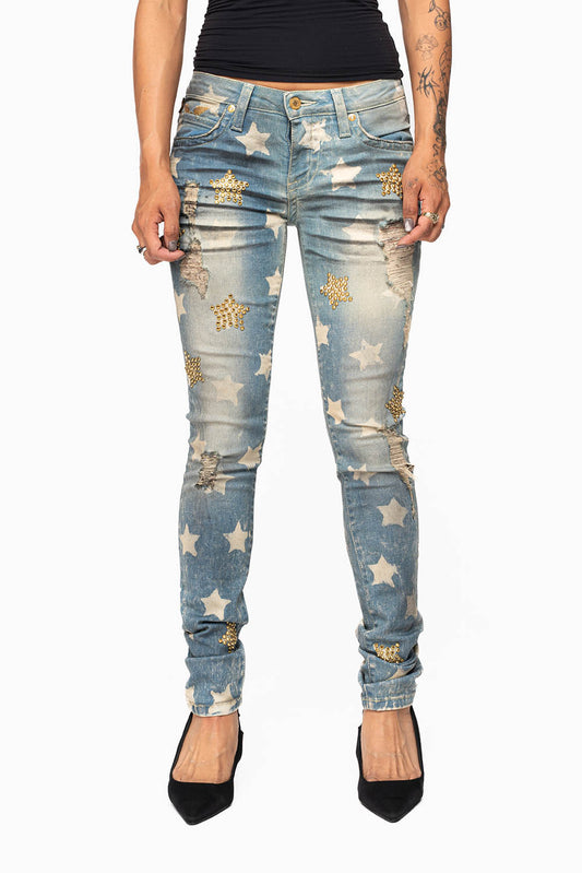 MARILYN WOMENS SKINNY PATRICE 3D DRK BROKEN WASH EMBELLISHED WITH CRYSTALS