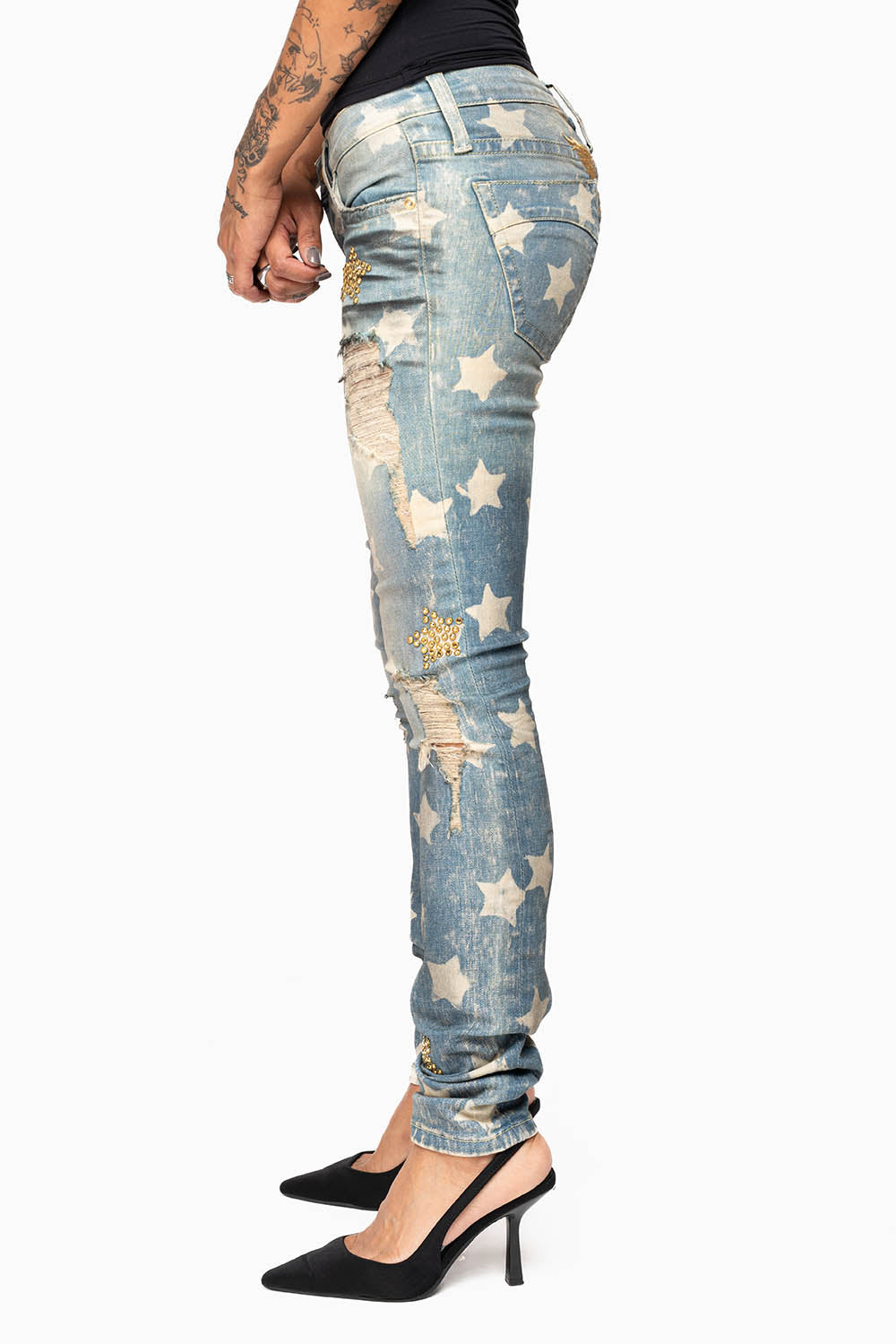 MARILYN WOMENS SKINNY PATRICE 3D DRK BROKEN WASH EMBELLISHED WITH CRYSTALS