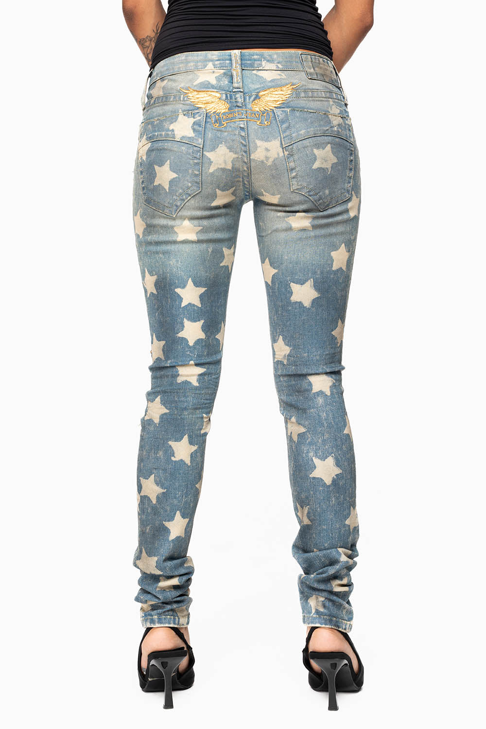 MARILYN WOMENS SKINNY PATRICE 3D DRK BROKEN WASH EMBELLISHED WITH CRYSTALS