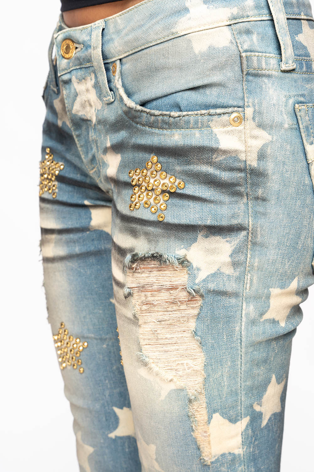 MARILYN WOMENS SKINNY PATRICE 3D DRK BROKEN WASH EMBELLISHED WITH CRYSTALS