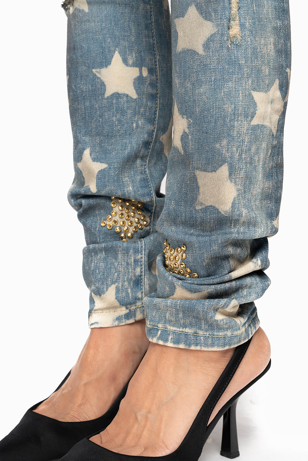 MARILYN WOMENS SKINNY PATRICE 3D DRK BROKEN WASH EMBELLISHED WITH CRYSTALS