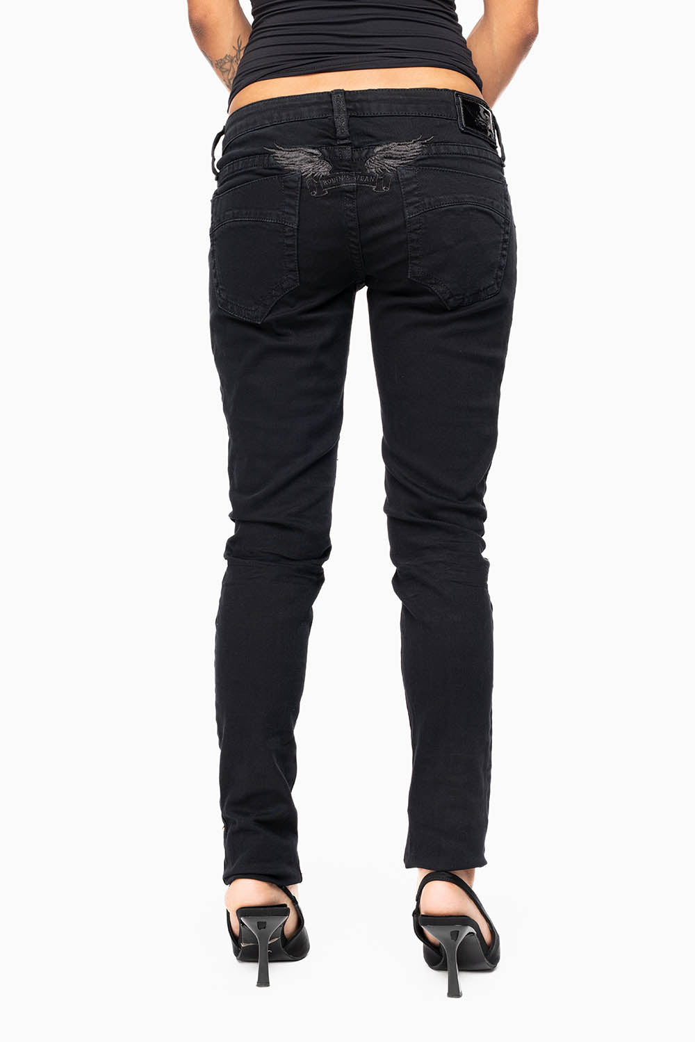 MARILYN WOMENS DISTRESSED & REPAIRED STUDDED SKINNY JEANS IN BLACK EMBELLISHED WITH STUDS & CRYSTALS