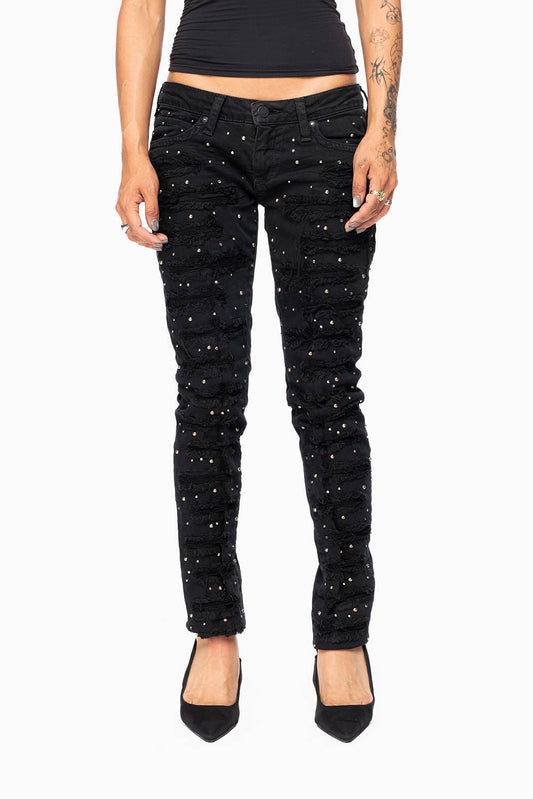MARILYN WOMENS DISTRESSED & REPAIRED STUDDED SKINNY JEANS IN BLACK EMBELLISHED WITH STUDS & CRYSTALS