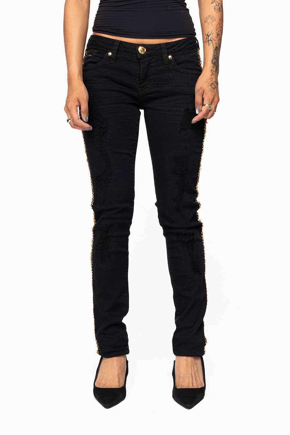 MARILYN WOMENS SKINNY JEAN  BROKEN REPAIRED PURE BLK  EMBELLISHED WITH GOLD  SEQUINS STRIPE