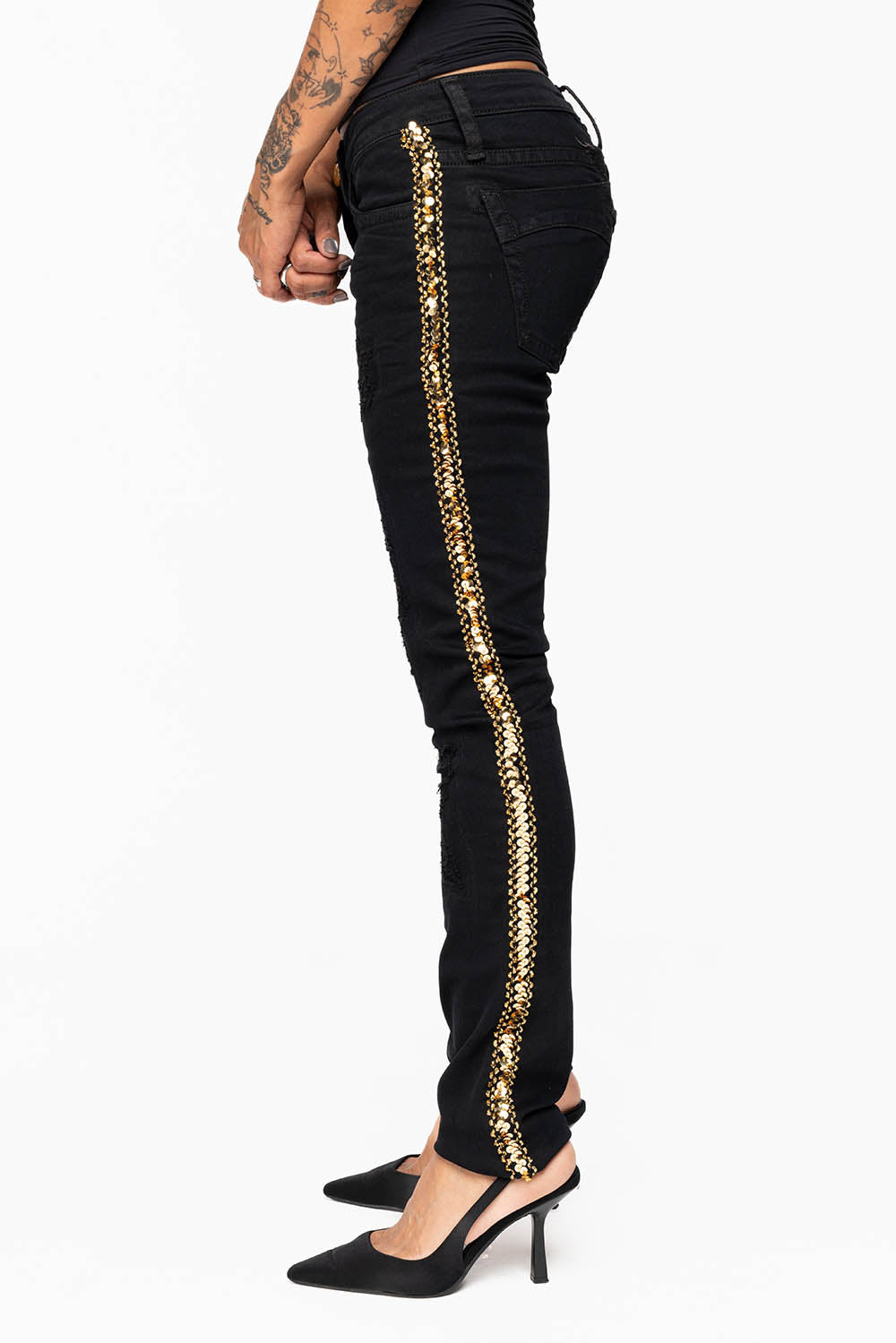 MARILYN WOMENS SKINNY JEAN  BROKEN REPAIRED PURE BLK  EMBELLISHED WITH GOLD  SEQUINS STRIPE