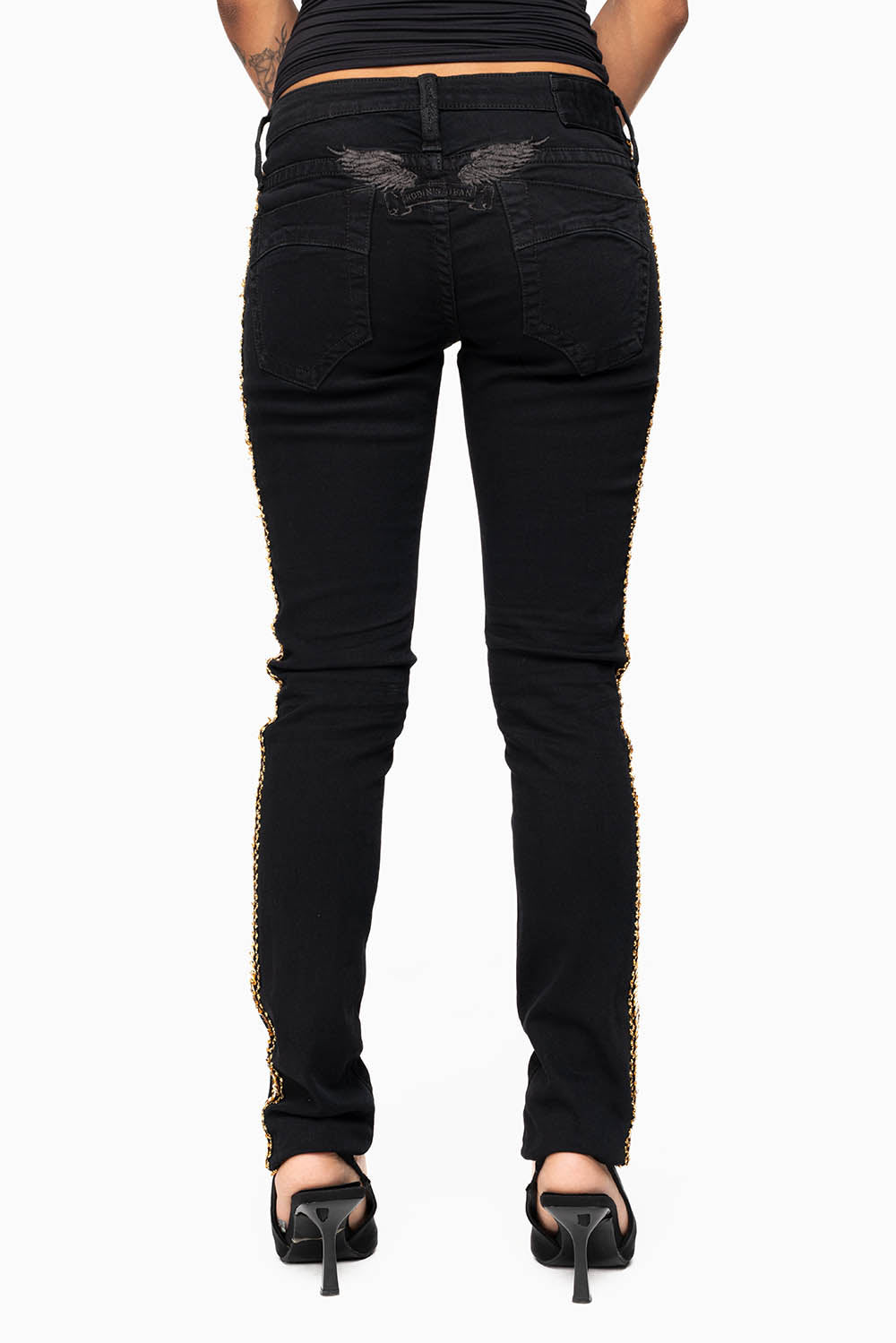 MARILYN WOMENS SKINNY JEAN  BROKEN REPAIRED PURE BLK  EMBELLISHED WITH GOLD  SEQUINS STRIPE