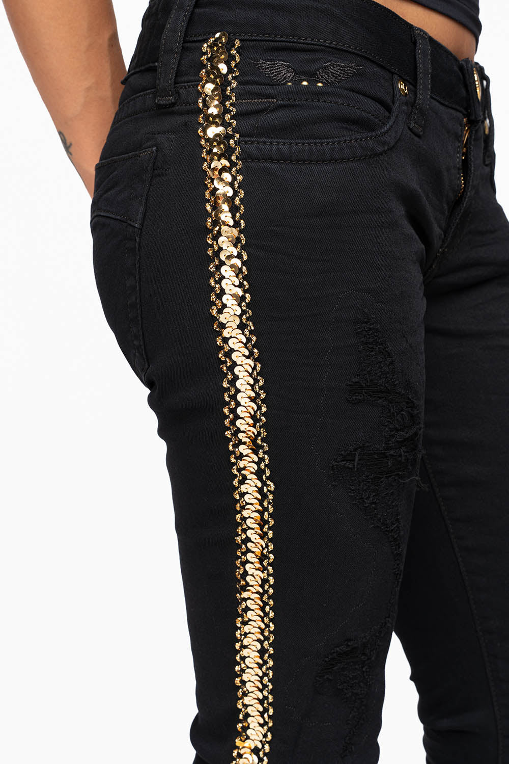 MARILYN WOMENS SKINNY JEAN  BROKEN REPAIRED PURE BLK  EMBELLISHED WITH GOLD  SEQUINS STRIPE