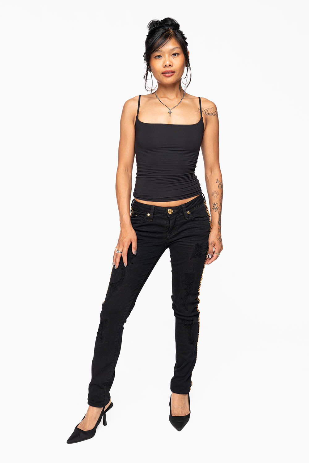 MARILYN WOMENS SKINNY JEAN  BROKEN REPAIRED PURE BLK  EMBELLISHED WITH GOLD  SEQUINS STRIPE