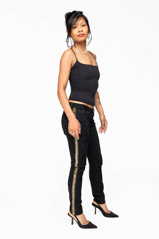 MARILYN WOMENS SKINNY JEAN  BROKEN REPAIRED PURE BLK  EMBELLISHED WITH GOLD  SEQUINS STRIPE