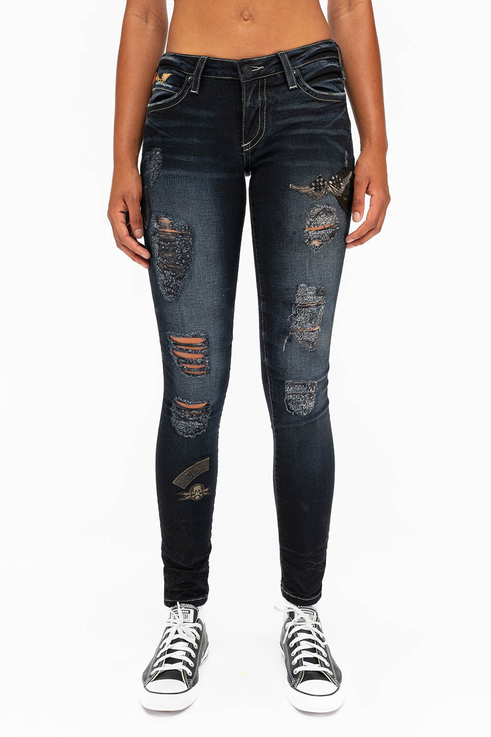 SKINNY RIPPED WOMENS JEANS WITH PATCHES IN F_UP BLACK