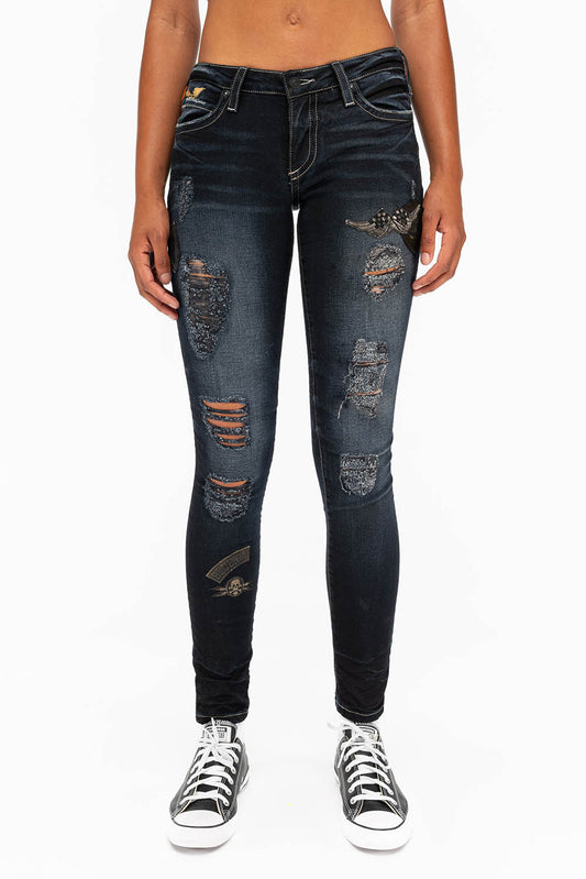 SKINNY RIPPED WOMENS JEANS WITH PATCHES IN F_UP BLACK