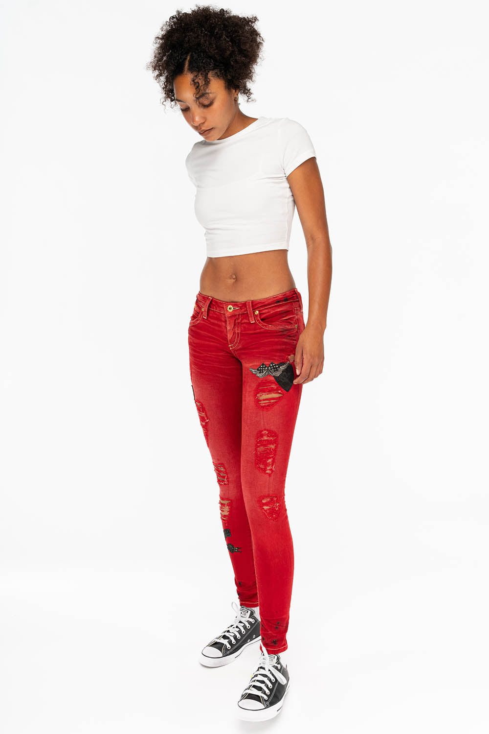 SKINNY RIPPED WOMENS JEANS WITH PATCHES IN F_UP RED