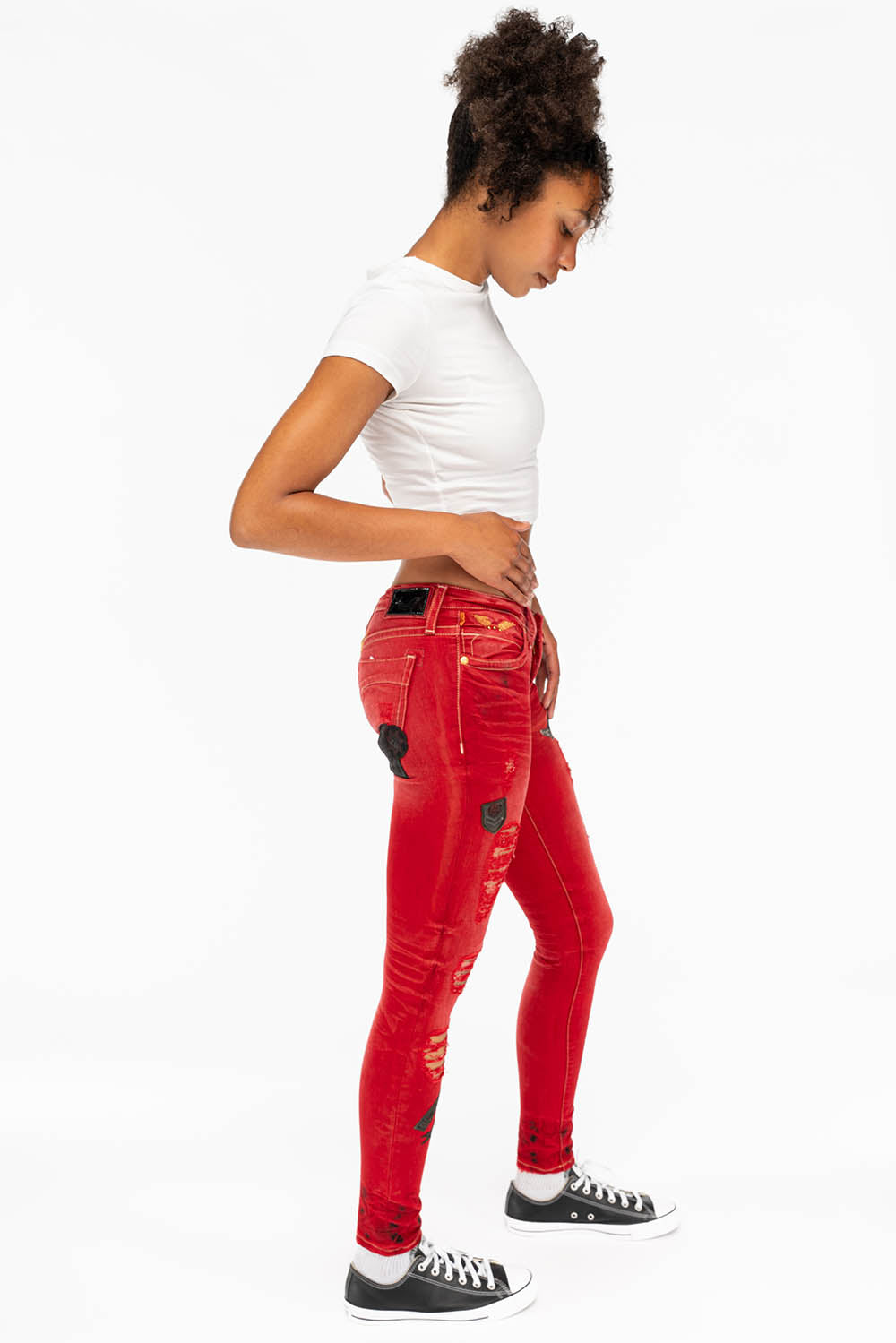 SKINNY RIPPED WOMENS JEANS WITH PATCHES IN F_UP RED