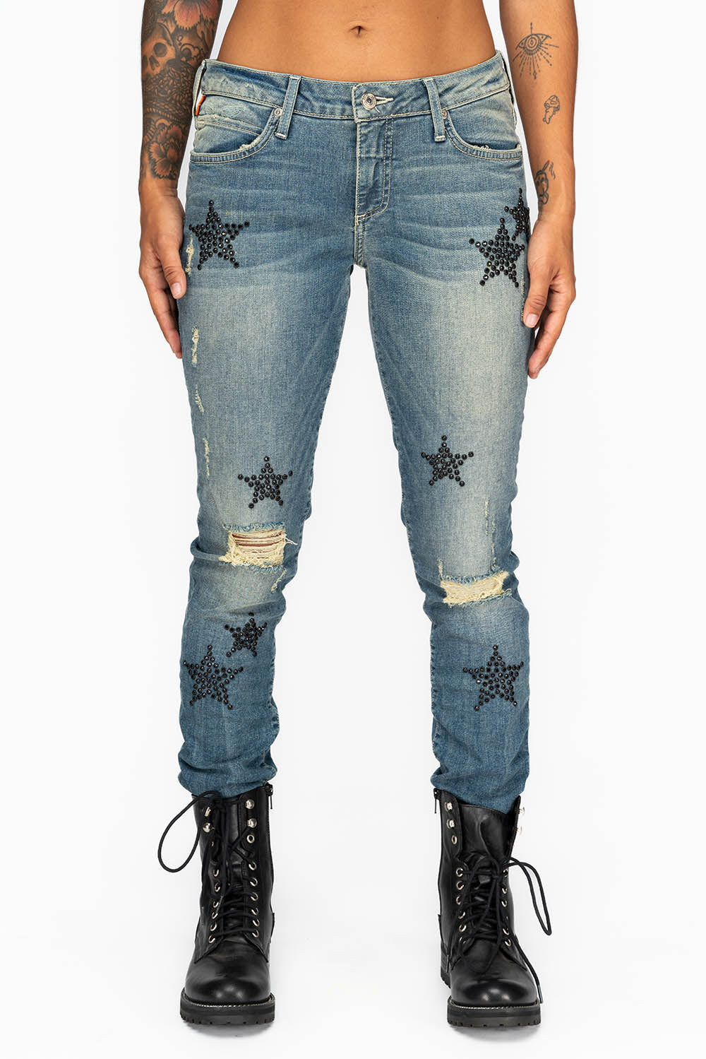 MIDRISE WOMENS SKINNY JEANS IN RIPPED BLUE WASH WITH JET BLACK CRYSTAL STARS