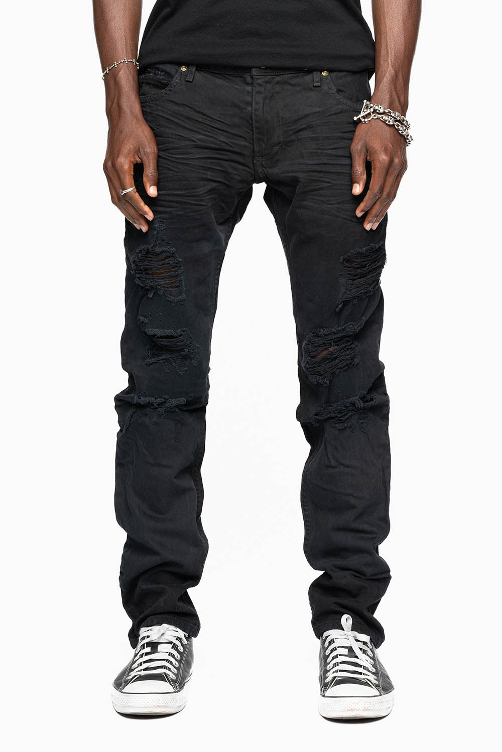 ROBINS RED LABEL LONG FLAP SLIM JEANS IN NOIR DESTROY WASH