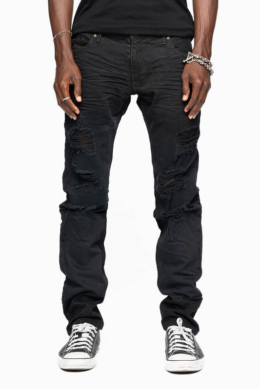ROBINS RED LABEL LONG FLAP SLIM JEANS IN NOIR DESTROY WASH