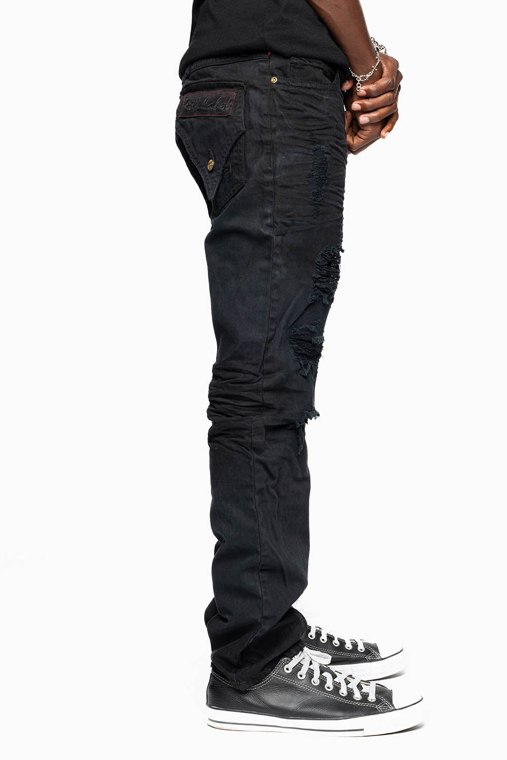 ROBINS RED LABEL LONG FLAP SLIM JEANS IN NOIR DESTROY WASH