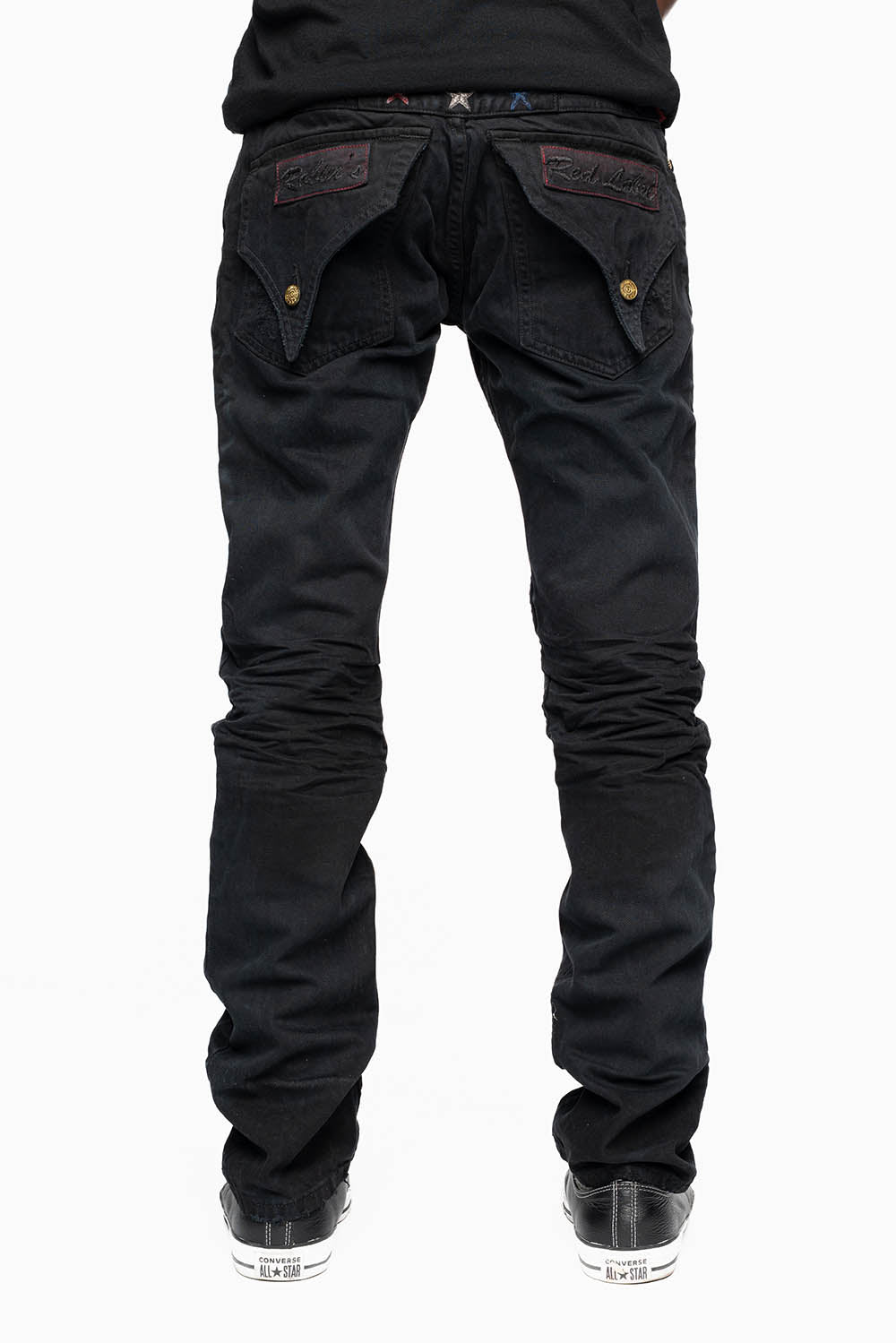 ROBINS RED LABEL LONG FLAP SLIM JEANS IN NOIR DESTROY WASH