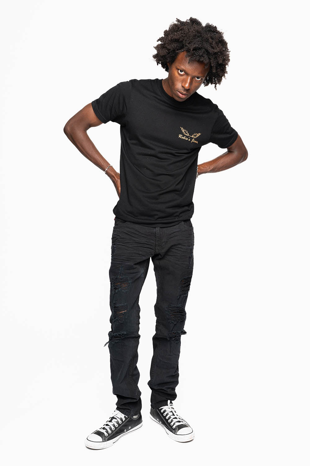ROBINS RED LABEL LONG FLAP SLIM JEANS IN NOIR DESTROY WASH