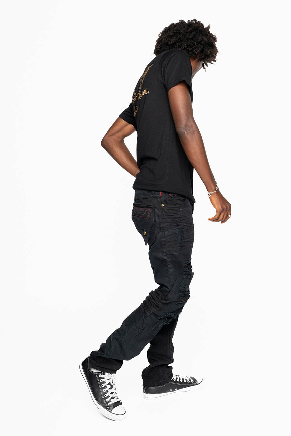 ROBINS RED LABEL LONG FLAP SLIM JEANS IN NOIR DESTROY WASH