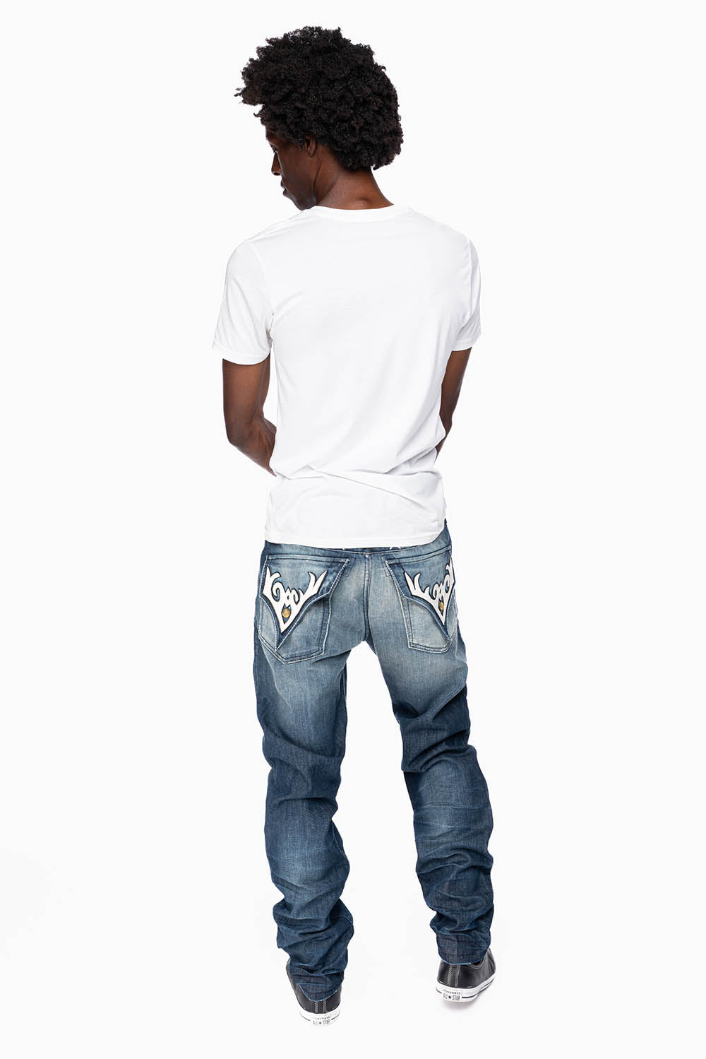 ROBINS RED LABEL LONG FLAP SLIM JEANS IN DARK BLUE BROKEN WASH WITH PATCHES